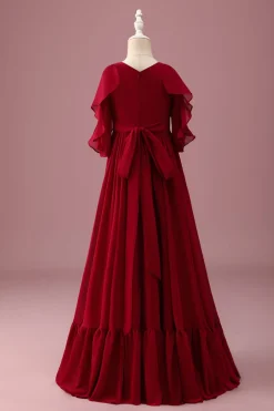 Borgonha A-Line Round Neck Chiffon Meia Mangas Longo Vestido de Dama de Honra Júnior