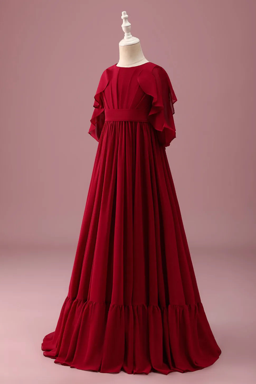 Borgonha A-Line Round Neck Chiffon Meia Mangas Longo Vestido de Dama de Honra Júnior