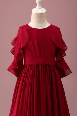 Borgonha A-Line Round Neck Chiffon Meia Mangas Longo Vestido de Dama de Honra Júnior