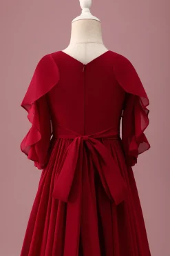 Borgonha A-Line Round Neck Chiffon Meia Mangas Longo Vestido de Dama de Honra Júnior
