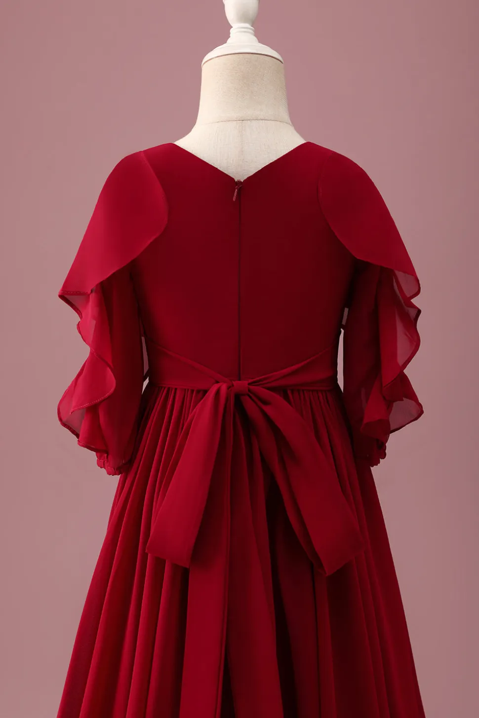 Borgonha A-Line Round Neck Chiffon Meia Mangas Longo Vestido de Dama de Honra Júnior