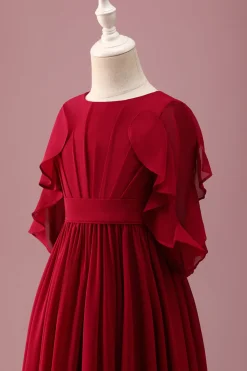 Borgonha A-Line Round Neck Chiffon Meia Mangas Longo Vestido de Dama de Honra Júnior