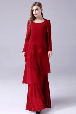 Borgonha A-Line Scoop Neck Chiffon Andar de comprimento Mãe do vestido da noiva