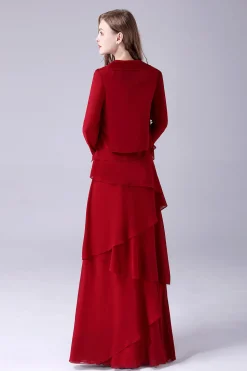 Borgonha A-Line Scoop Neck Chiffon Andar de comprimento Mãe do vestido da noiva