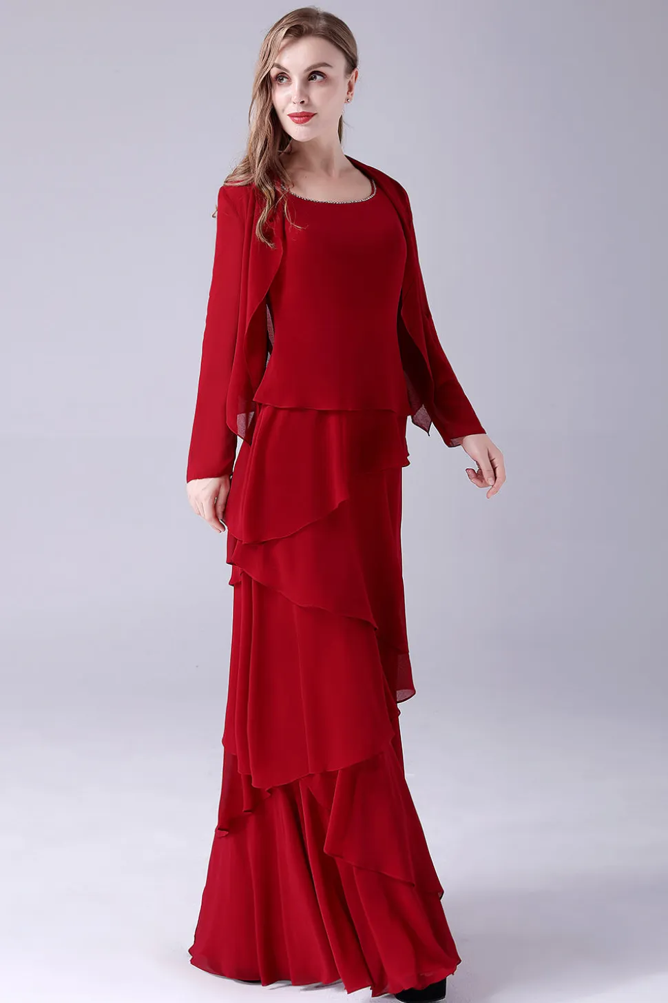 Borgonha A-Line Scoop Neck Chiffon Andar de comprimento Mãe do vestido da noiva