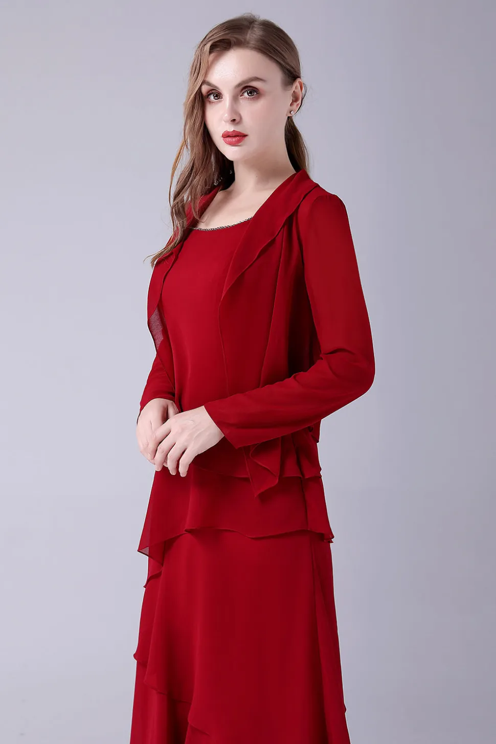 Borgonha A-Line Scoop Neck Chiffon Andar de comprimento Mãe do vestido da noiva