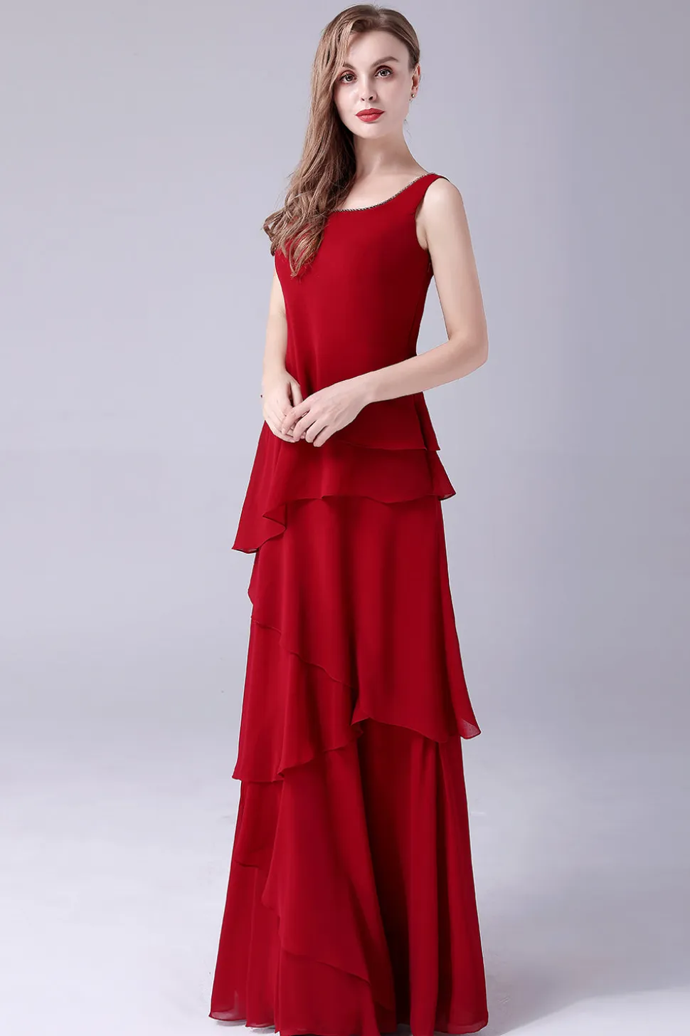 Borgonha A-Line Scoop Neck Chiffon Andar de comprimento Mãe do vestido da noiva
