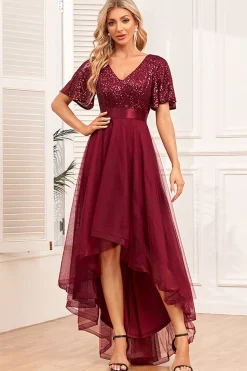 Borgonha A-Line V Pescoço mangas curtas alto baixo vestido de baile