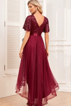 Borgonha A-Line V Pescoço mangas curtas alto baixo vestido de baile