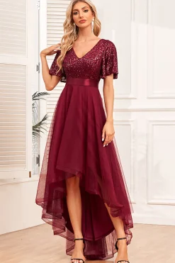 Borgonha A-Line V Pescoço mangas curtas alto baixo vestido de baile