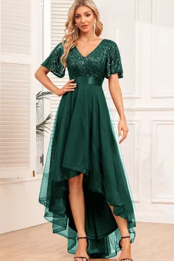 Borgonha A-Line V Pescoço mangas curtas alto baixo vestido de baile