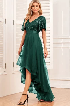 Borgonha A-Line V Pescoço mangas curtas alto baixo vestido de baile