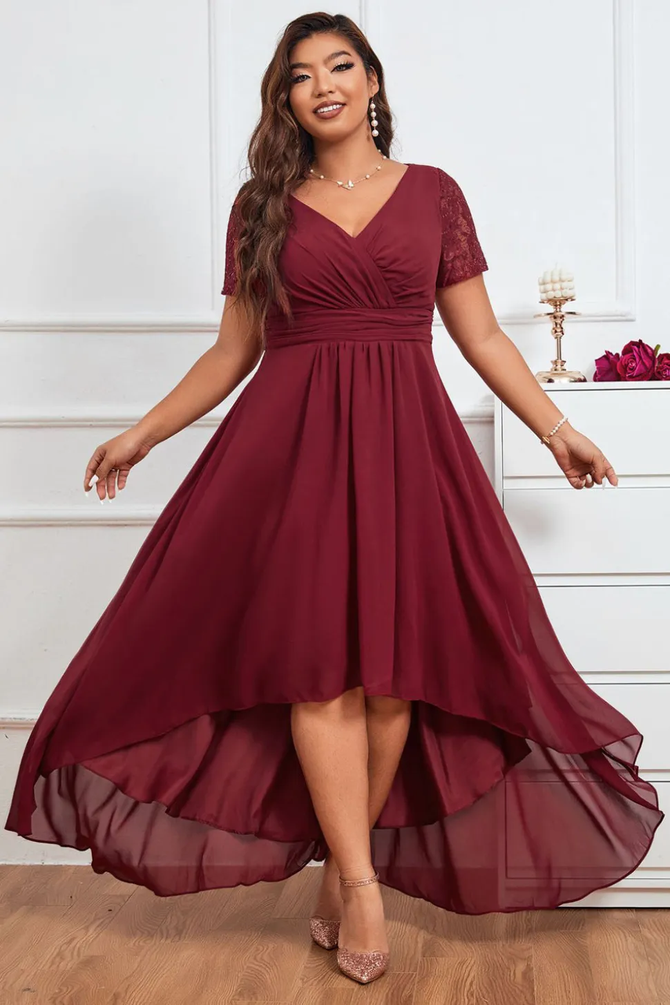 Borgonha A-line V-neck Chiffon Long Vestido de Noiva