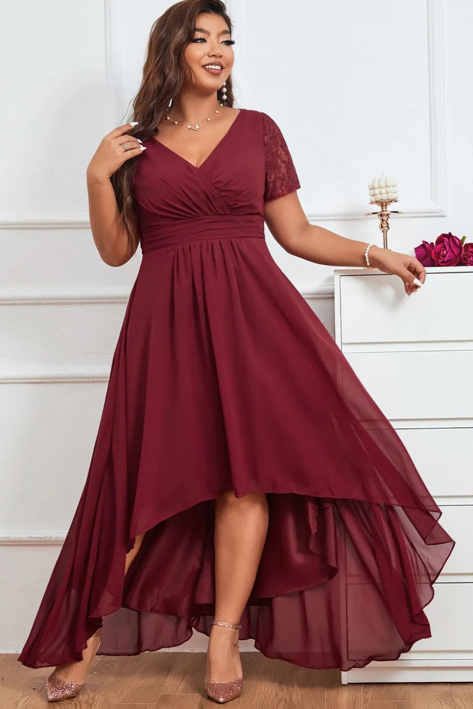 Borgonha A-line V-neck Chiffon Long Vestido de Noiva