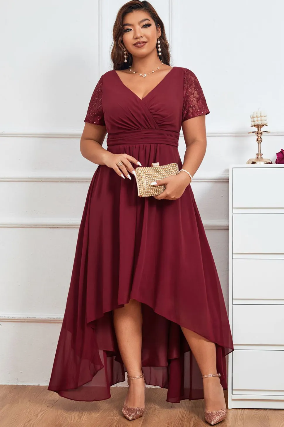 Borgonha A-line V-neck Chiffon Long Vestido de Noiva