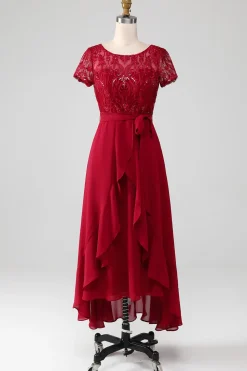 Borgonha assimétrica brilhante lantejoulas mãe de vestido de noiva com apliques