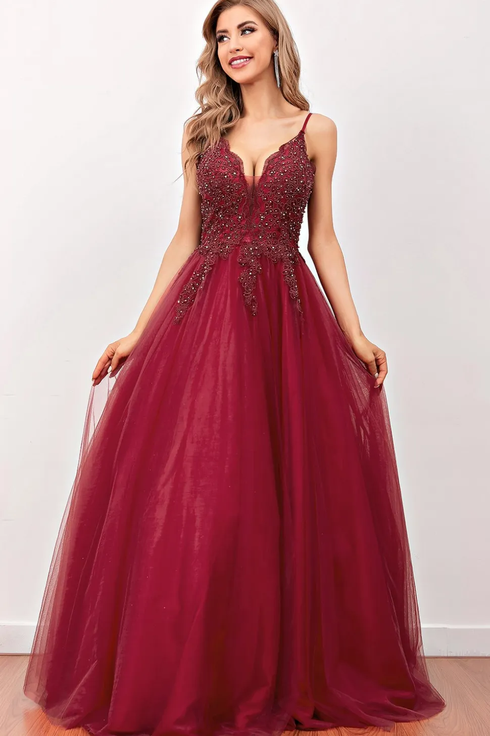 Borgonha Beaded Longo Vestido de Baile