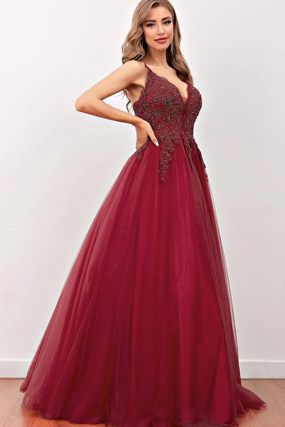 Borgonha Beaded Longo Vestido de Baile