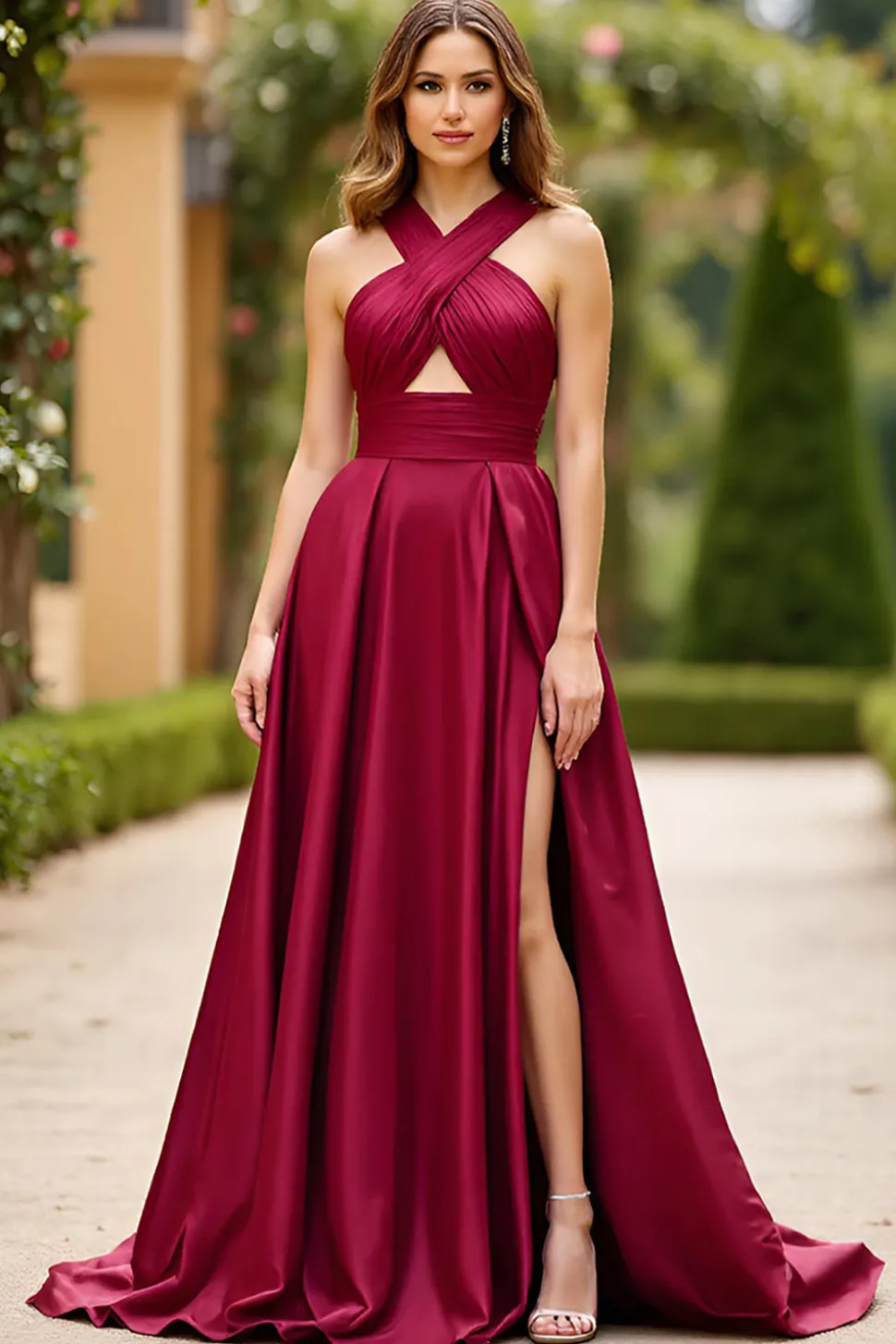 Borgonha Cabeçada Linha-A Longo Cetim Vestido De Baile com Fenda