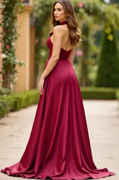 Borgonha Cabeçada Linha-A Longo Cetim Vestido De Baile com Fenda