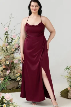 Borgonha Cetim Halter Vestido de Dama de Honor