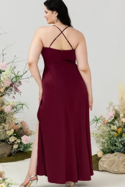Borgonha Cetim Halter Vestido de Dama de Honor