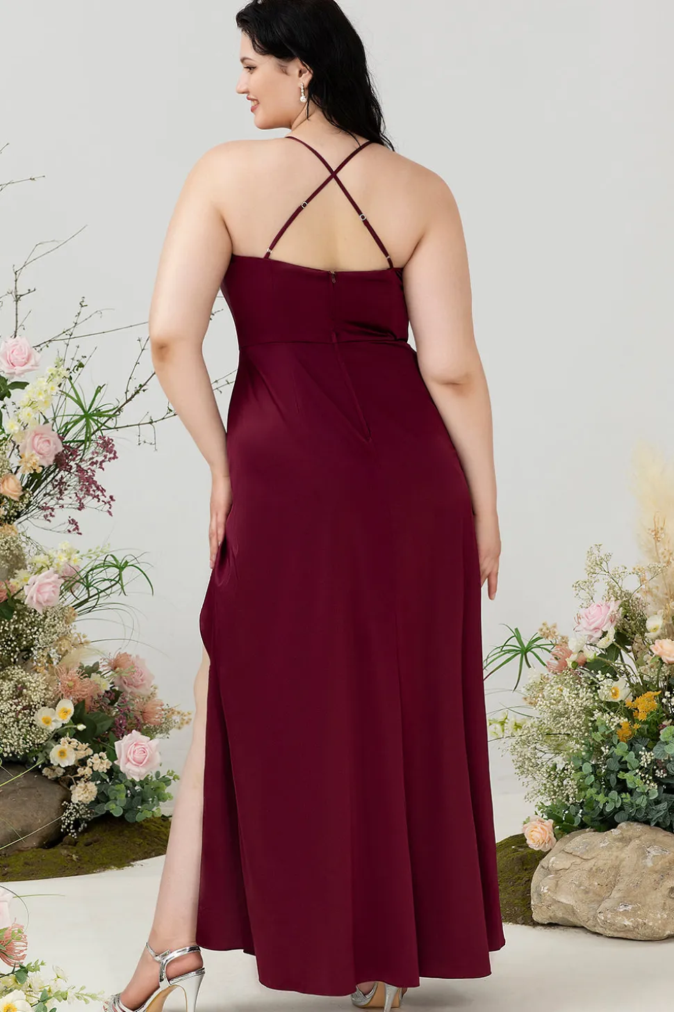 Borgonha Cetim Halter Vestido de Dama de Honor