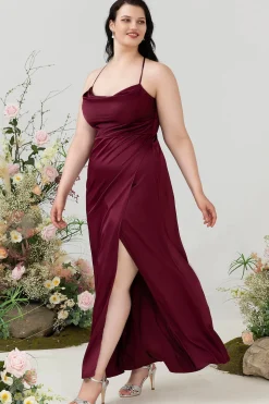 Borgonha Cetim Halter Vestido de Dama de Honor