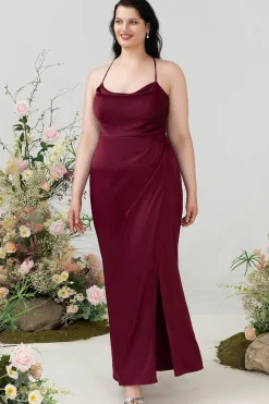 Borgonha Cetim Halter Vestido de Dama de Honor