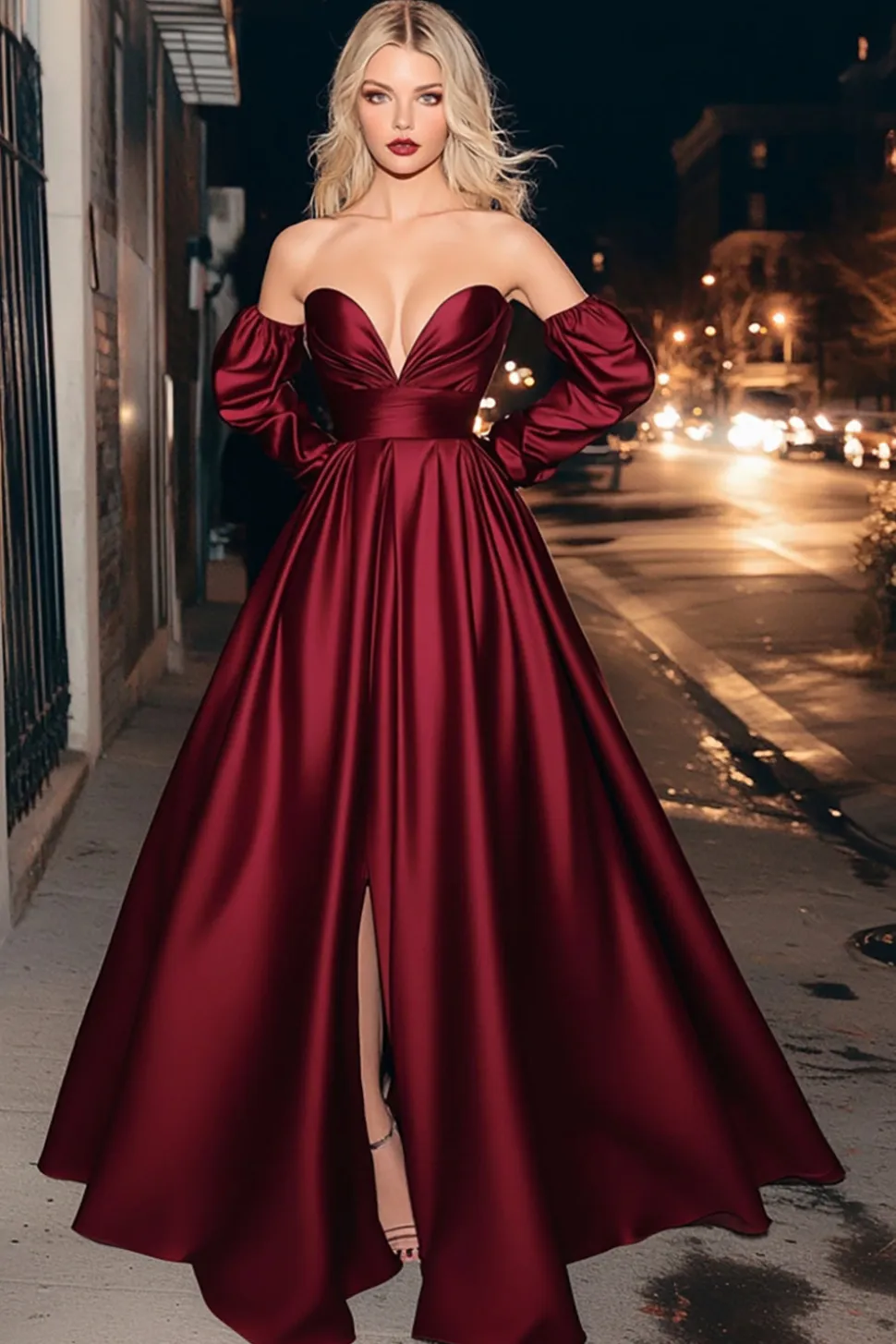 Borgonha cetim sem alças Ruched A-Line Long Prom Dress com fenda