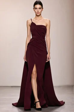 Borgonha cetim sereia longo vestido de noite com fenda