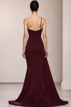 Borgonha cetim sereia longo vestido de noite com fenda