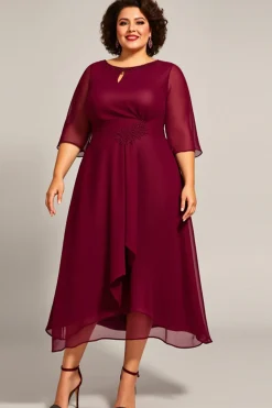 Borgonha Chiffon Linha-A Tamanhos Grandes Longos Vestido Mae Noiva