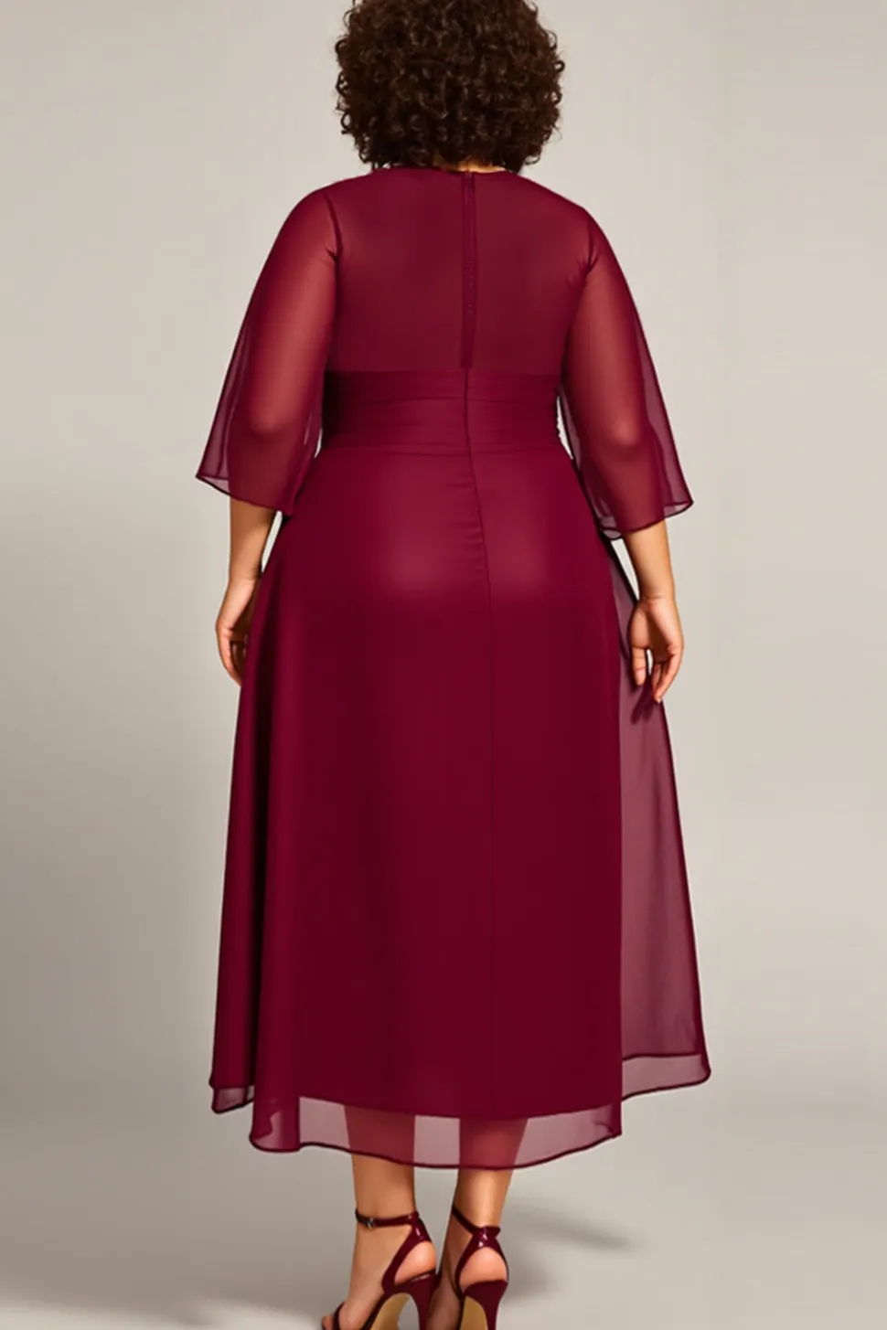 Borgonha Chiffon Linha-A Tamanhos Grandes Longos Vestido Mae Noiva