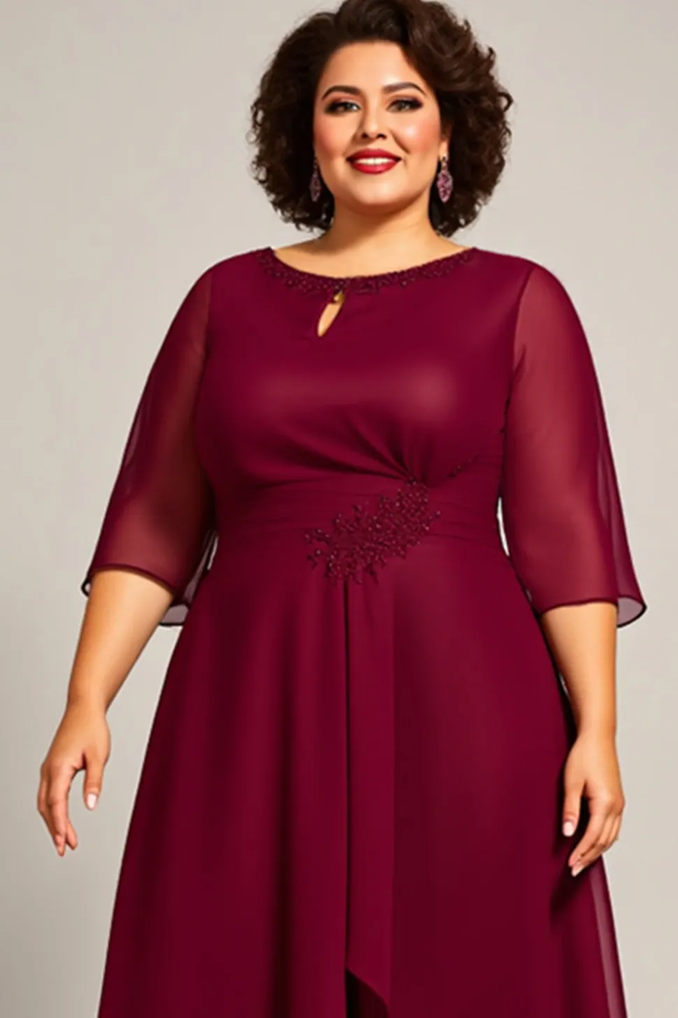 Borgonha Chiffon Linha-A Tamanhos Grandes Longos Vestido Mae Noiva