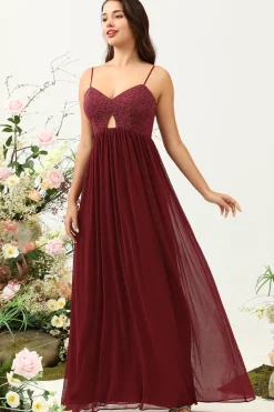 Borgonha Cintas de Espaguete Renda Vestido de Dama de Honor
