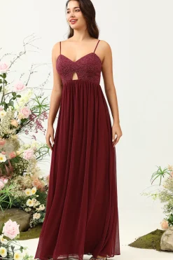 Borgonha Cintas de Espaguete Renda Vestido de Dama de Honor