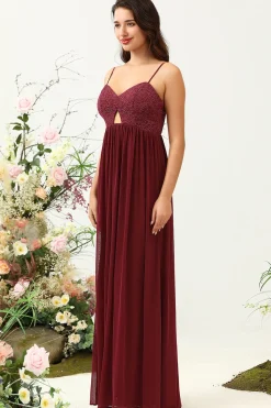 Borgonha Cintas de Espaguete Renda Vestido de Dama de Honor