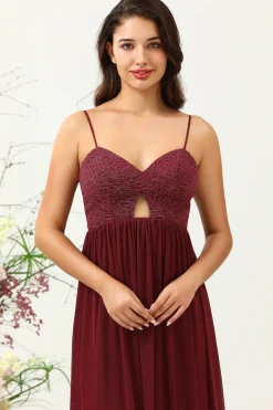 Borgonha Cintas de Espaguete Renda Vestido de Dama de Honor