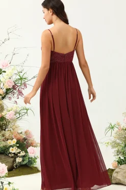 Borgonha Cintas de Espaguete Renda Vestido de Dama de Honor