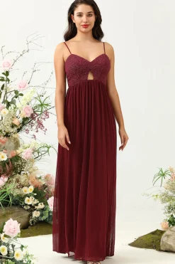 Borgonha Cintas de Espaguete Renda Vestido de Dama de Honor