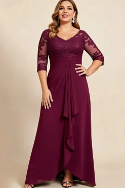 Borgonha Decote em V Chiffon Tamanhos Grandes Longos Vestido Mae Noiva