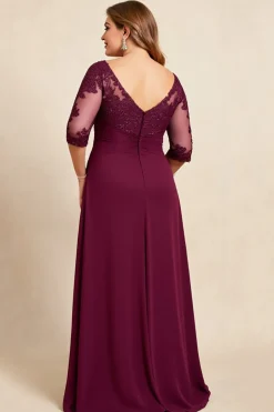 Borgonha Decote em V Chiffon Tamanhos Grandes Longos Vestido Mae Noiva