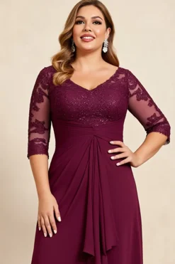 Borgonha Decote em V Chiffon Tamanhos Grandes Longos Vestido Mae Noiva