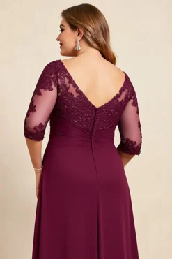 Borgonha Decote em V Chiffon Tamanhos Grandes Longos Vestido Mae Noiva