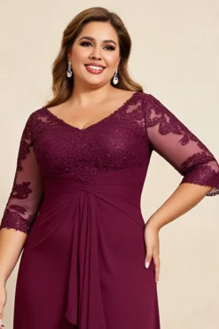 Borgonha Decote em V Chiffon Tamanhos Grandes Longos Vestido Mae Noiva