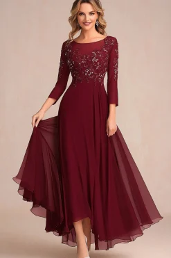 Borgonha elegante uma linha de manga longa mãe de vestido de noiva com apliques