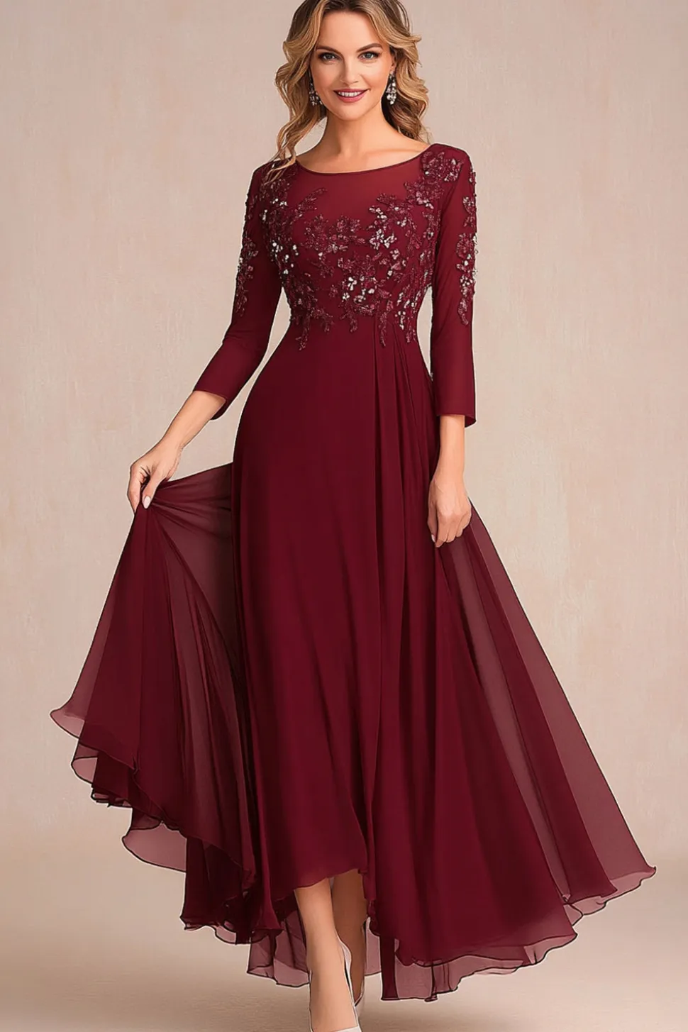 Borgonha elegante uma linha de manga longa mãe de vestido de noiva com apliques
