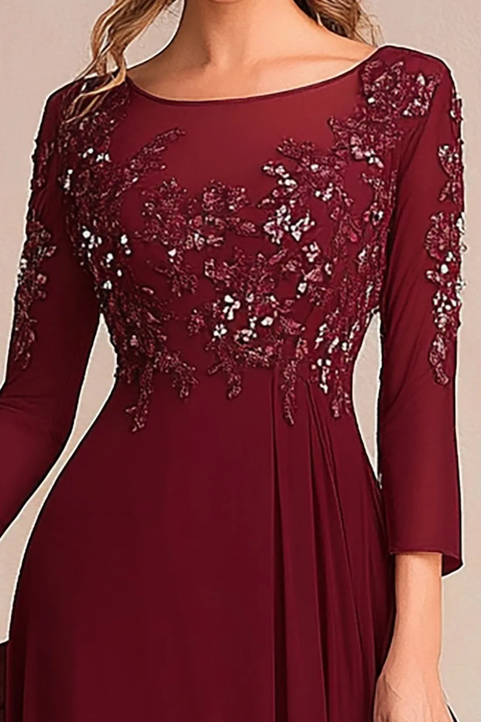 Borgonha elegante uma linha de manga longa mãe de vestido de noiva com apliques
