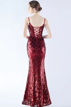 Borgonha Esparguete Correias V-neck Swquin Bainha Vestido Formal com Fenda